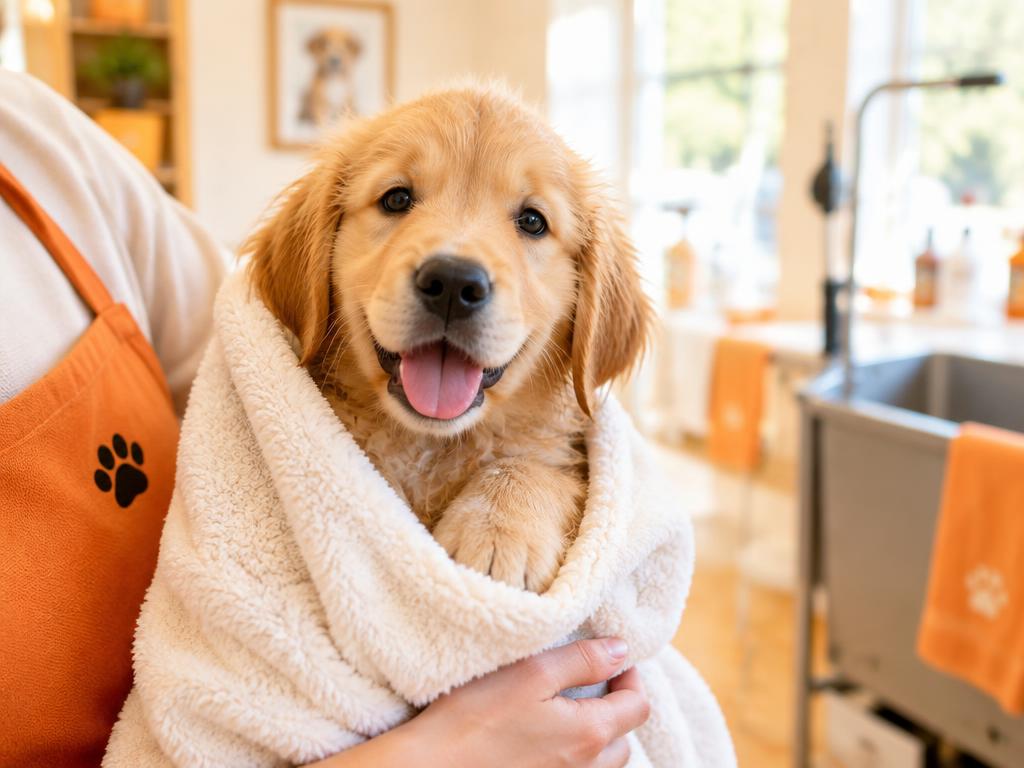 A golden puppy wrapped in a soft towel after its groom